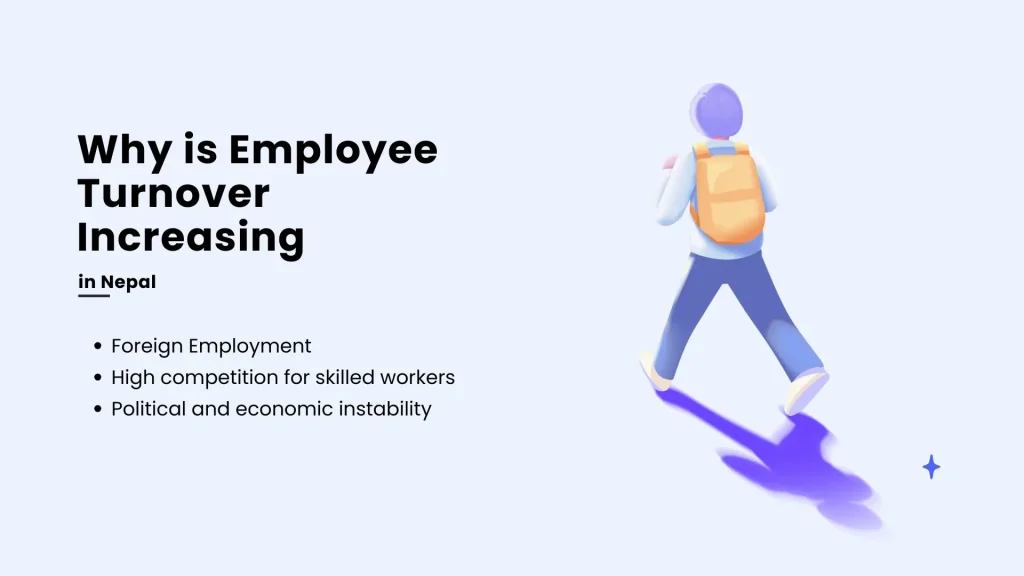 Graphics of a person walking away with text: Why is employee turnover increasing in Nepal