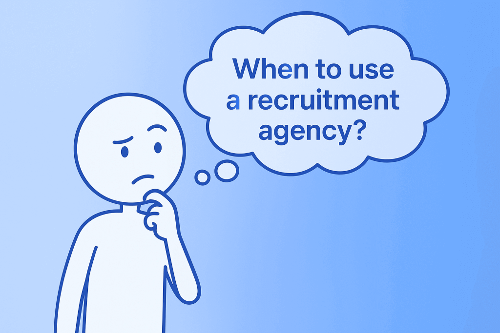 Stick-figure illustration showing when employers should use a recruitment agency as part of the recruitment process in Nepal.