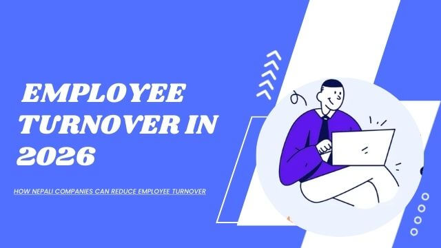Graphics of a guy with laptop with text: Reduce staff turnover, 10 strategies for staff retention in Nepal