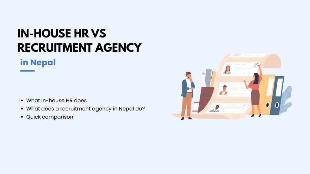 Cover graphic for in-house HR vs recruitment agency in Nepal with illustrated hiring checklist and two professionals