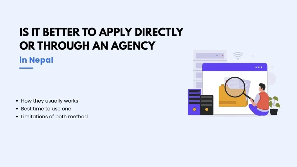 Illustration about applying directly vs through a recruitment agency in Nepal with job search screen and candidate reviewing documents